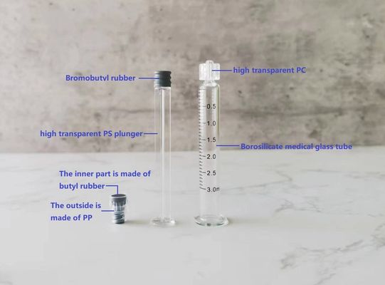 1 ml 2,25 ml 3 ml 5 ml Vorgefüllte Borosilikat-Spritze Metall-Plastik-Plunger Luer Lock-Spritzen 5 ml Glasspritzen 1 ml